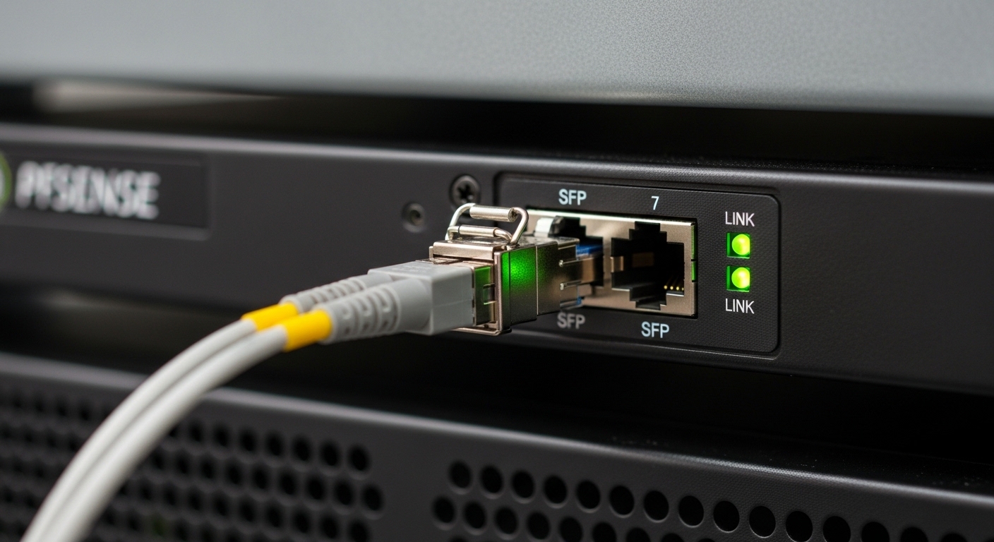 Close-up photography of a rack-mounted pfSense firewall appliance with a front panel SFP cage, a fiber patch cord connected, 