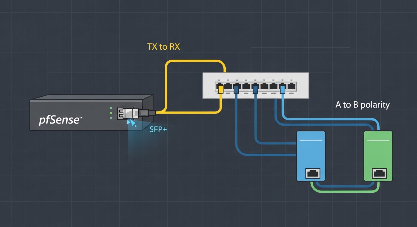 Illustrated diagram in clean vector style showing a pfSense firewall appliance with an SFP+ port, a fiber patch panel, and tw