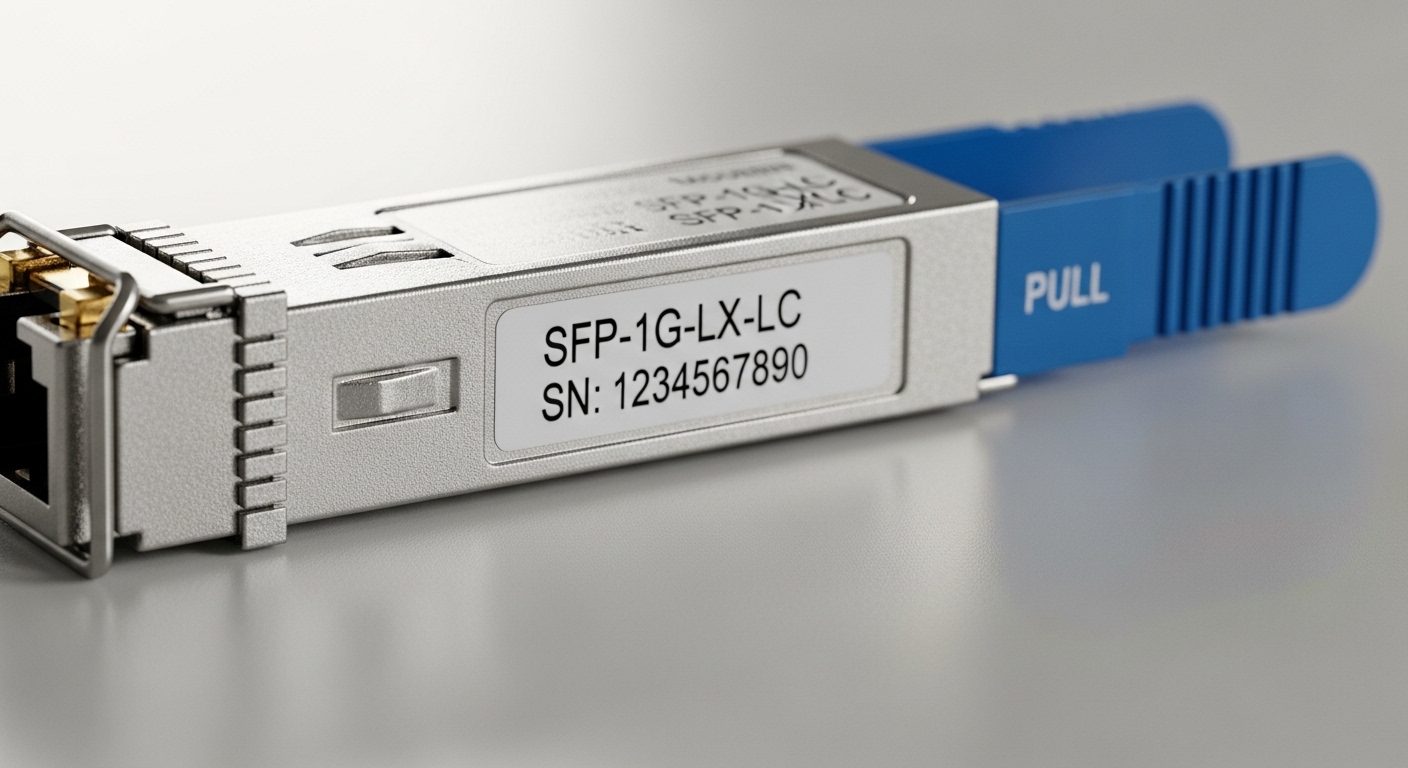 Close-up macro photography of a budget SFP module with a pull-tab, showing the label side and cage contact area on a clean la