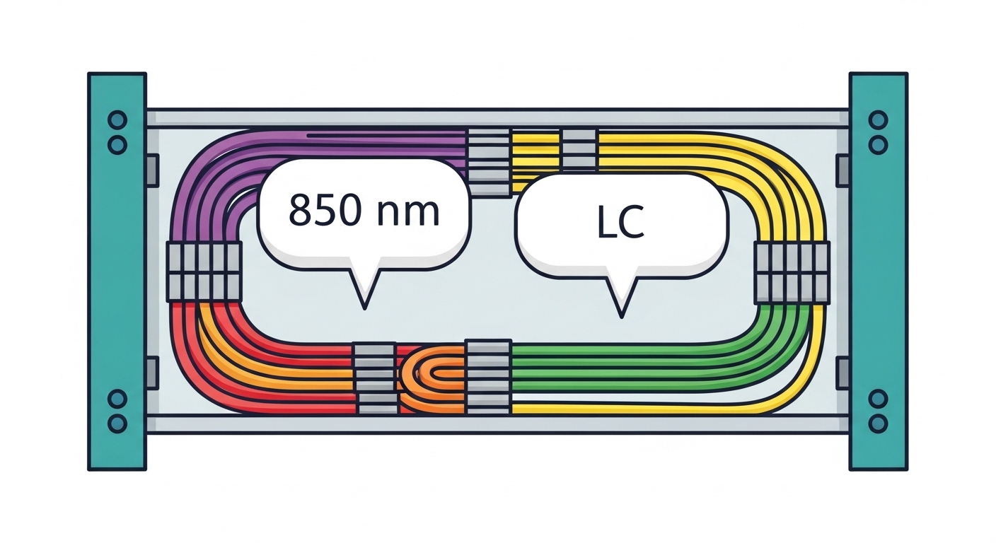Icon-style illustration of a network rack with colored fiber routes and label bubbles showing wavelength 850 nm and connector