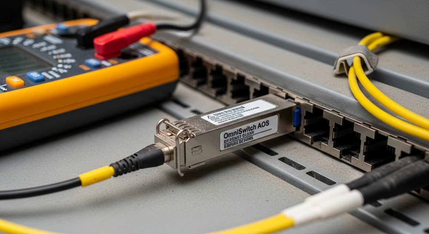 Macro photography of an SFP module inserted into a dusty OmniSwitch AOS port faceplate, with the module label visible, a lab-
