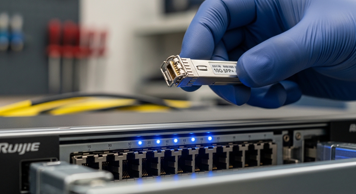 Macro photography of a technician’s gloved hands holding a 10G SFP+ module above an open Ruijie switch bay, with the switch c