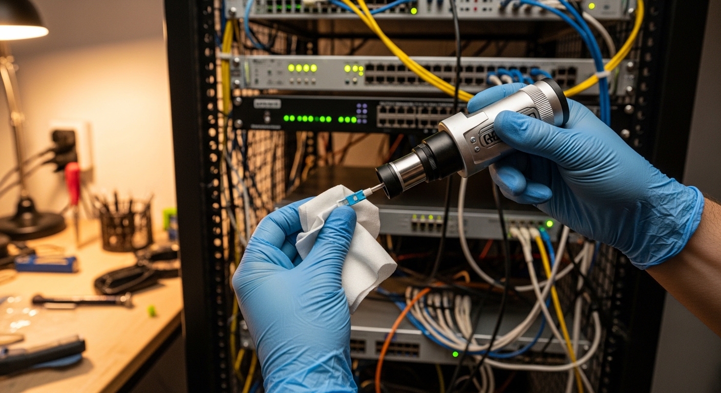 Realistic lifestyle scene of a home lab rack in a basement, hands wearing nitrile gloves cleaning LC fiber connectors with a 