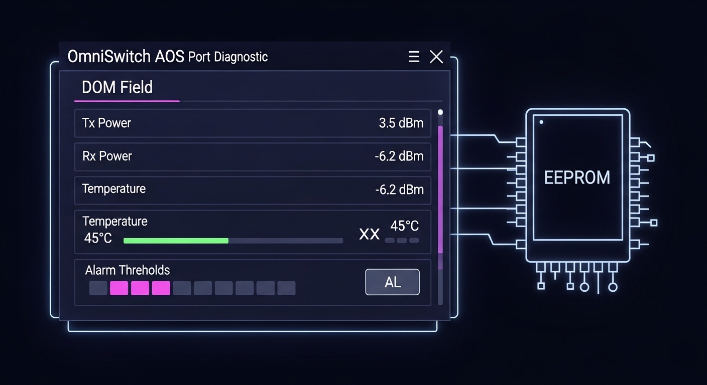 Clean-room style illustration of an OmniSwitch AOS port diagnostic screen overlay, showing DOM fields like Tx power, Rx power