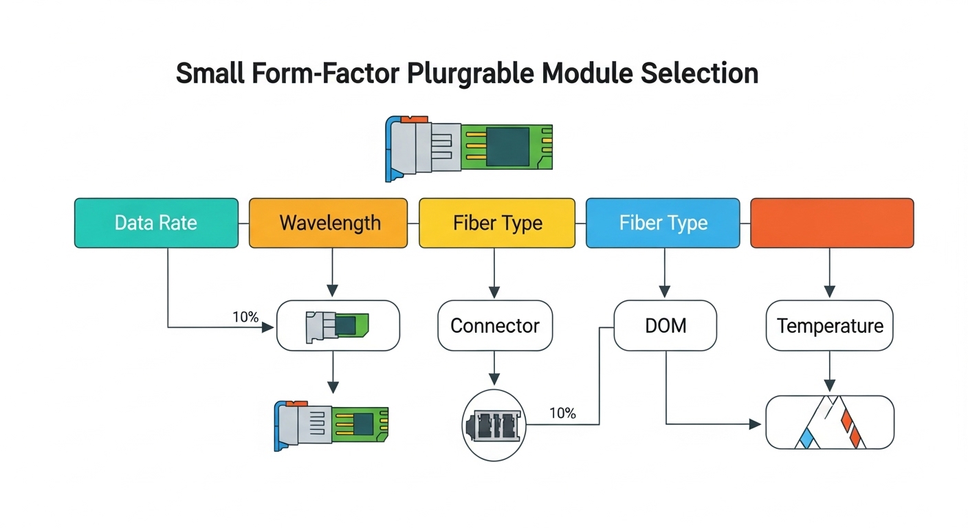 Clean vector illustration showing a decision flowchart for SFP selection (data rate, wavelength, fiber type, connector, DOM, 