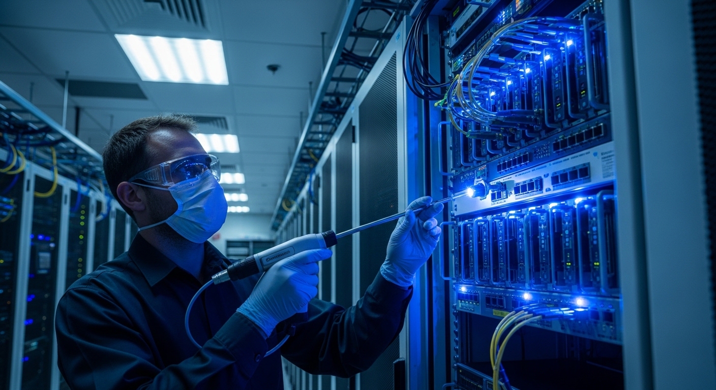 Photorealistic lifestyle scene inside a server room at dusk, an engineer in PPE holding a fiber optic cleaning scope over an 