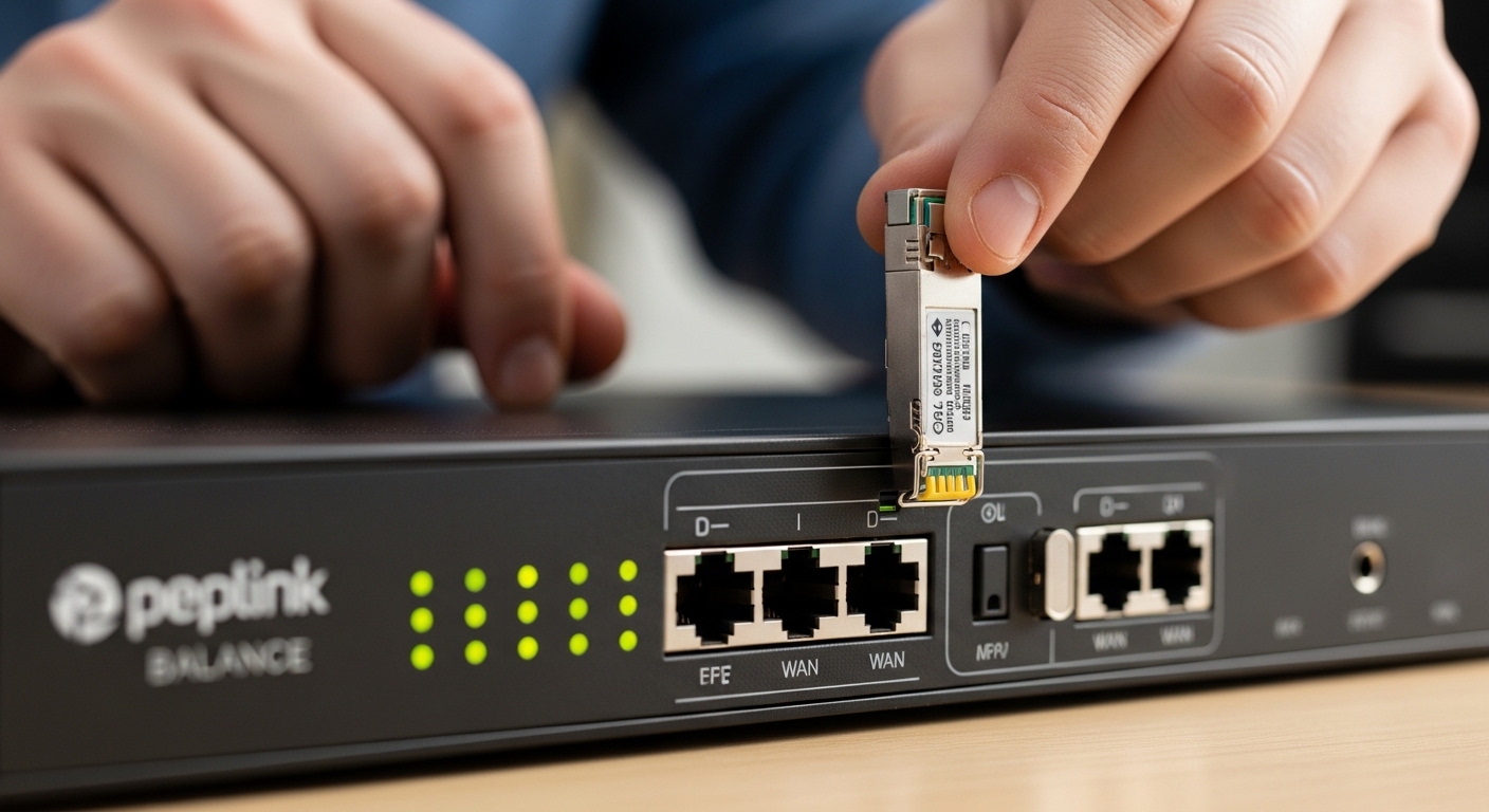 Close-up photography of a Peplink Balance router front panel on a workbench, technician hands holding an LC-to-fiber SFP modu