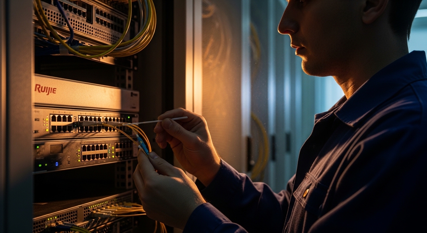 Photorealistic lifestyle scene inside a server room at dusk: a technician holding a fiber cleaning swab near an LC connector,
