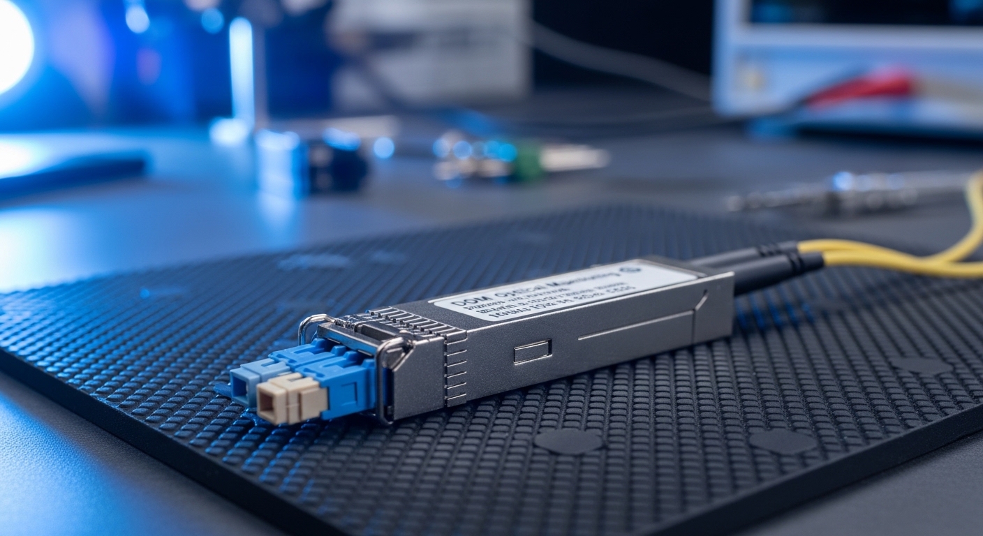 A macro photography scene of an SFP transceiver module on an anti-static mat, LC fiber connectors visible, DOM label readable