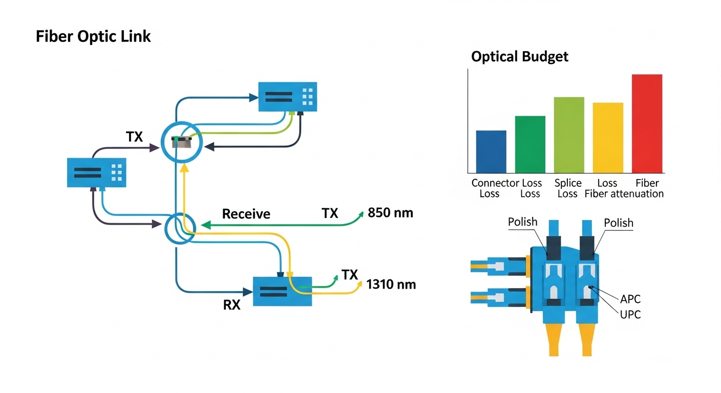 Concept illustration in clean vector style showing a fiber link diagram with arrows labeled TX, RX, 850 nm and 1310 nm, and a