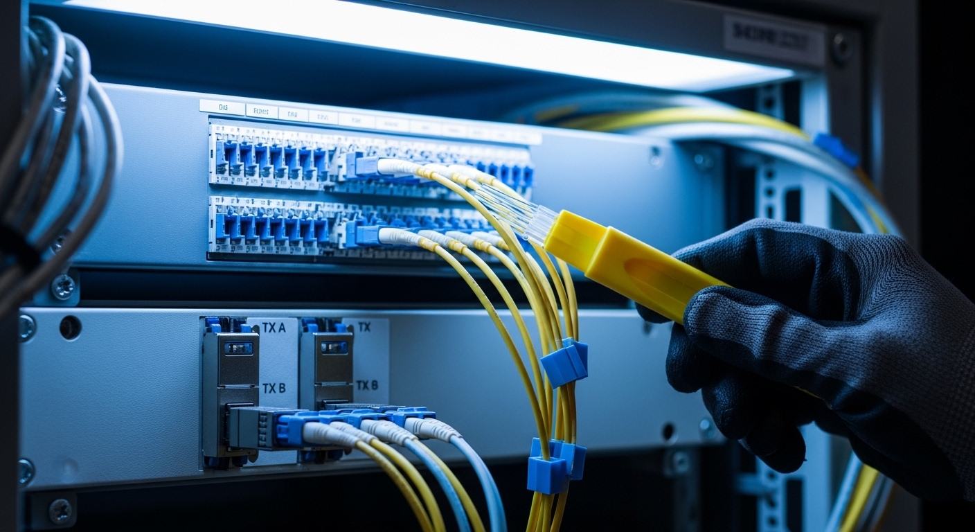 A photorealistic close-up of an ISP rack in a telecom hut, showing a fiber patch panel with LC connectors and two transceiver