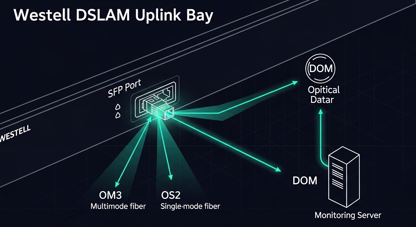Concept art style diagram showing a Westell DSLAM uplink bay with an SFP inserted, DOM data flowing to a monitoring server, f