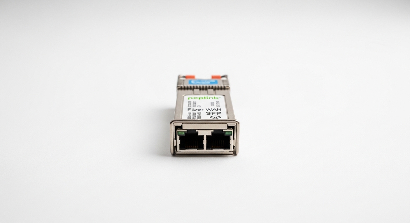 Professional product photography of Peplink fiber WAN, SFP for Peplink Balance Routers: WAN Fiber Options, clean background, 