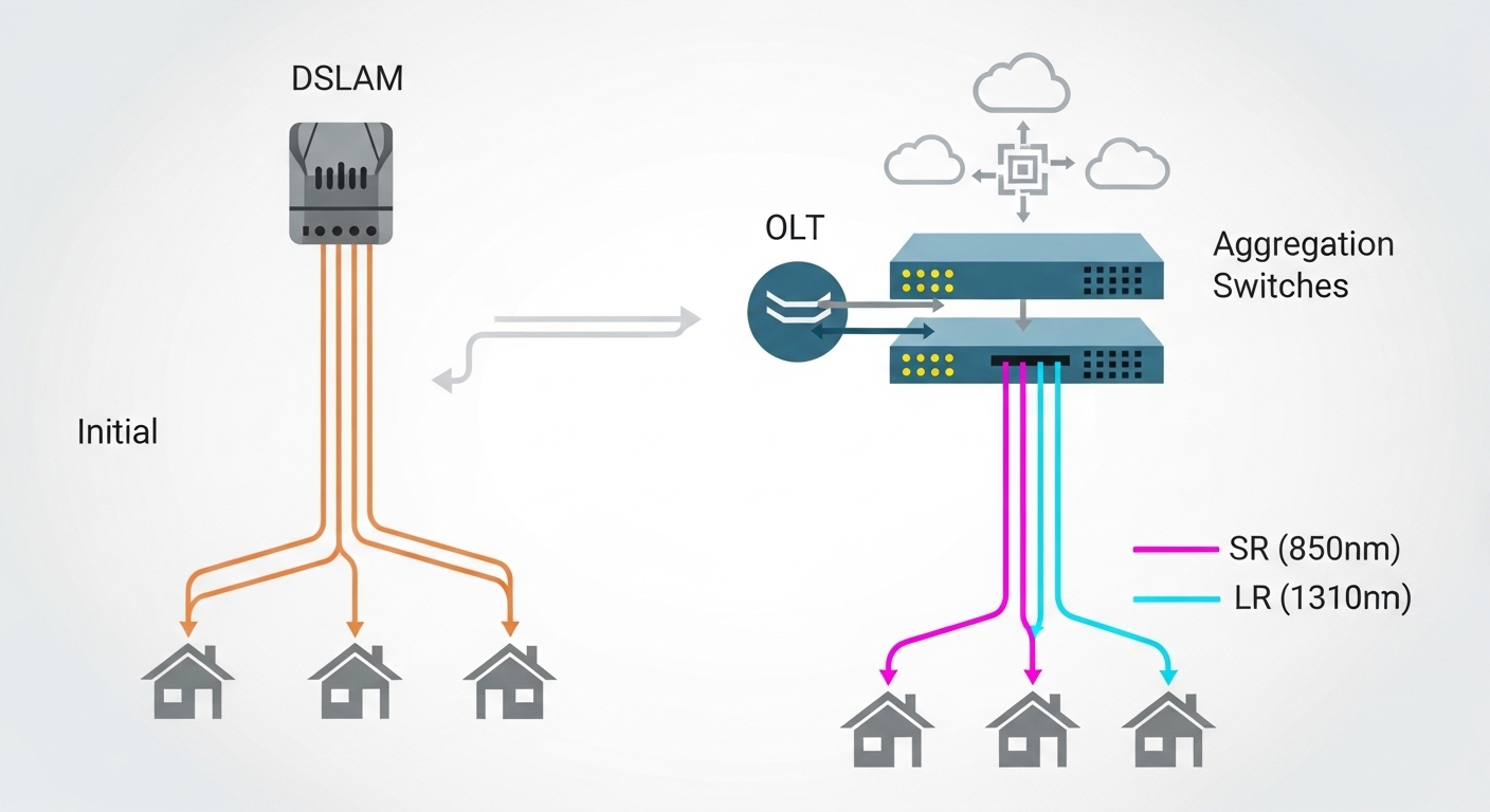 A clean vector-style illustration showing a migration diagram from copper DSLAM to fiber OLT and aggregation switches, with c