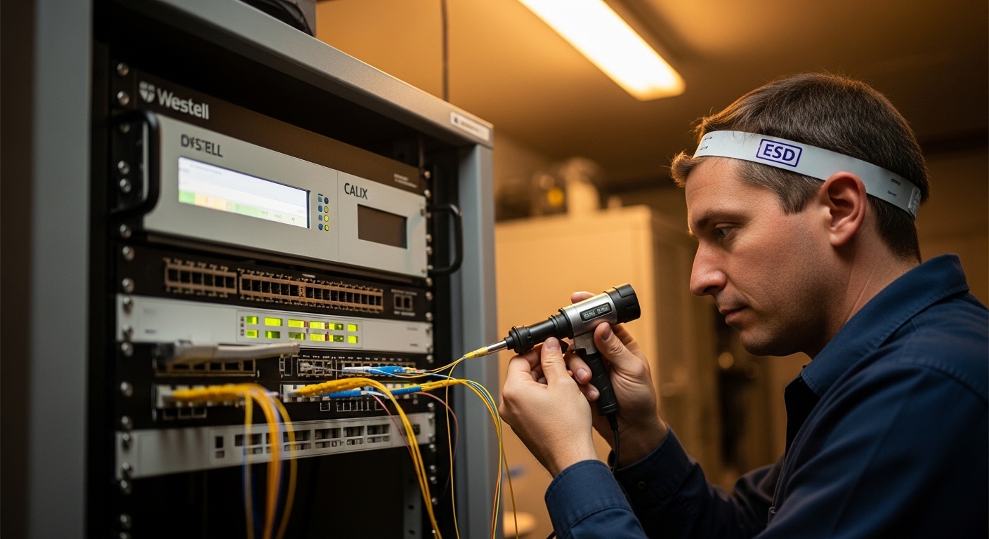 High-contrast lifestyle scene inside a telecom equipment room, technician wearing ESD wrist strap cleaning LC connectors with