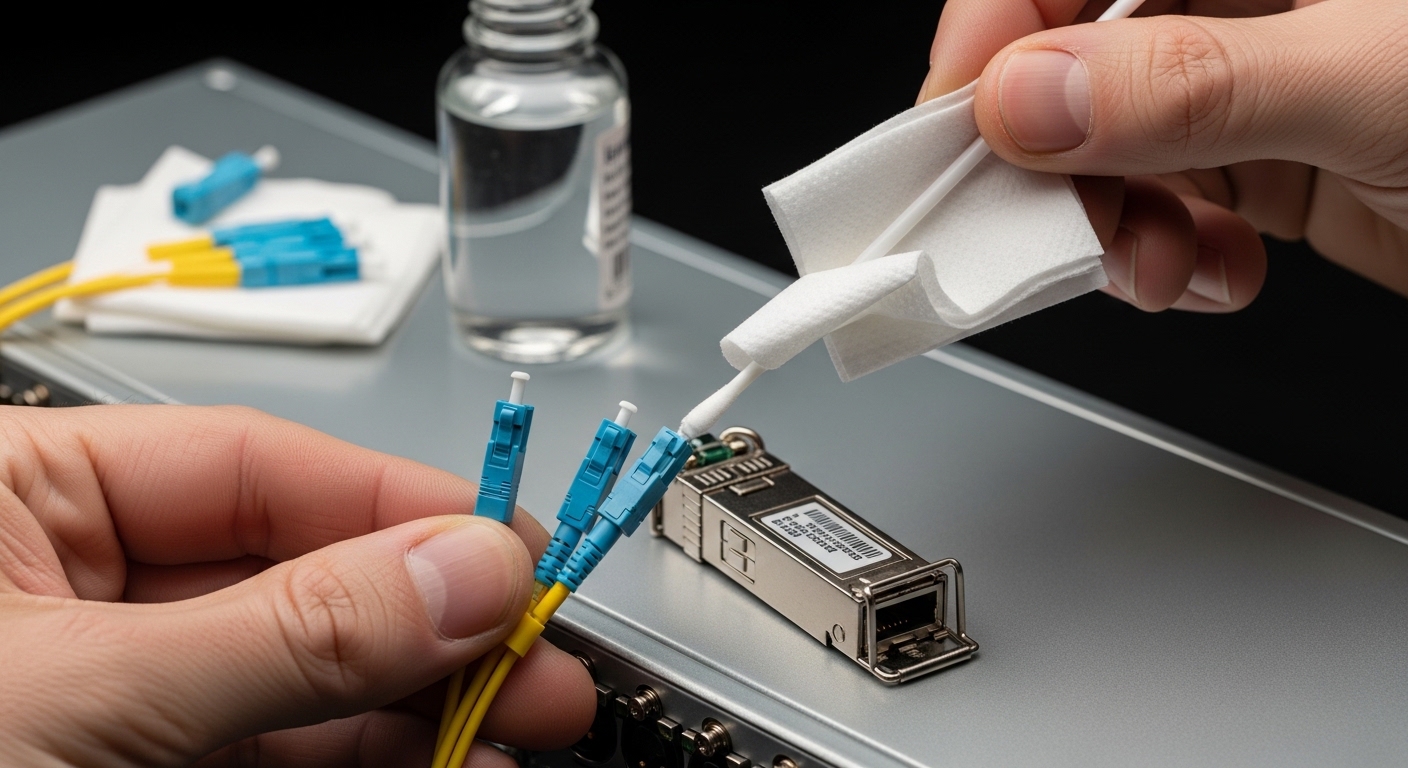 Macro photography of a technician cleaning LC fiber connectors with lint-free wipes and an alcohol swab, next to an open SFP 