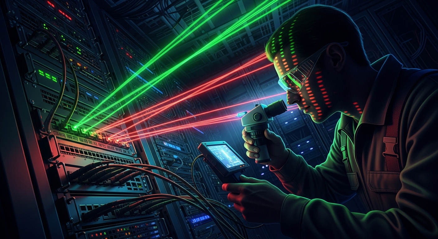 Concept art scene of a technician in a dim telecom room using a handheld fiber inspection microscope, with exaggerated glowin