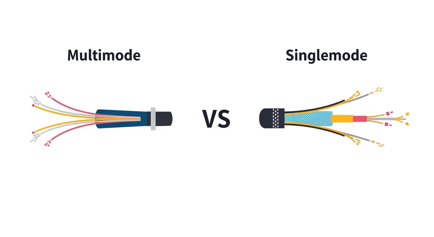Clean vector illustration comparing multimode vs singlemode fiber paths, showing 850 nm vs 1310 nm rays, with labeled LC conn
