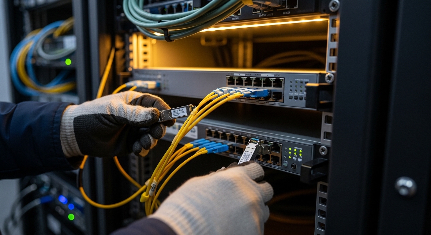 A realistic on-site photo of a broadcast control truck interior, showing a network rack with two 10G Ethernet switches connec