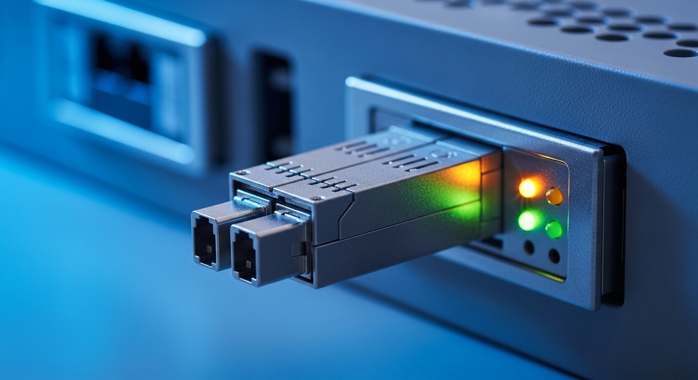 Close-up photography of an industrial fiber transceiver module seated in a rugged DIN-rail mounted industrial gateway chassis