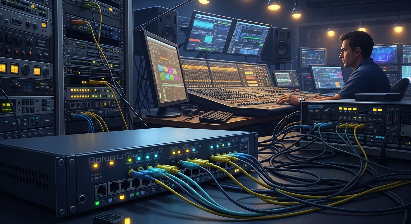 Concept art style scene of a live concert control room with a rack-mounted network switch blinking status LEDs, fiber patch c