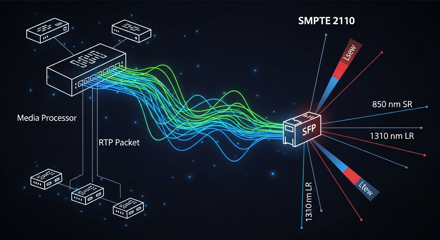 Concept art style illustration of a SMPTE 2110 network diagram, with glowing RTP packet streams flowing from a media processo