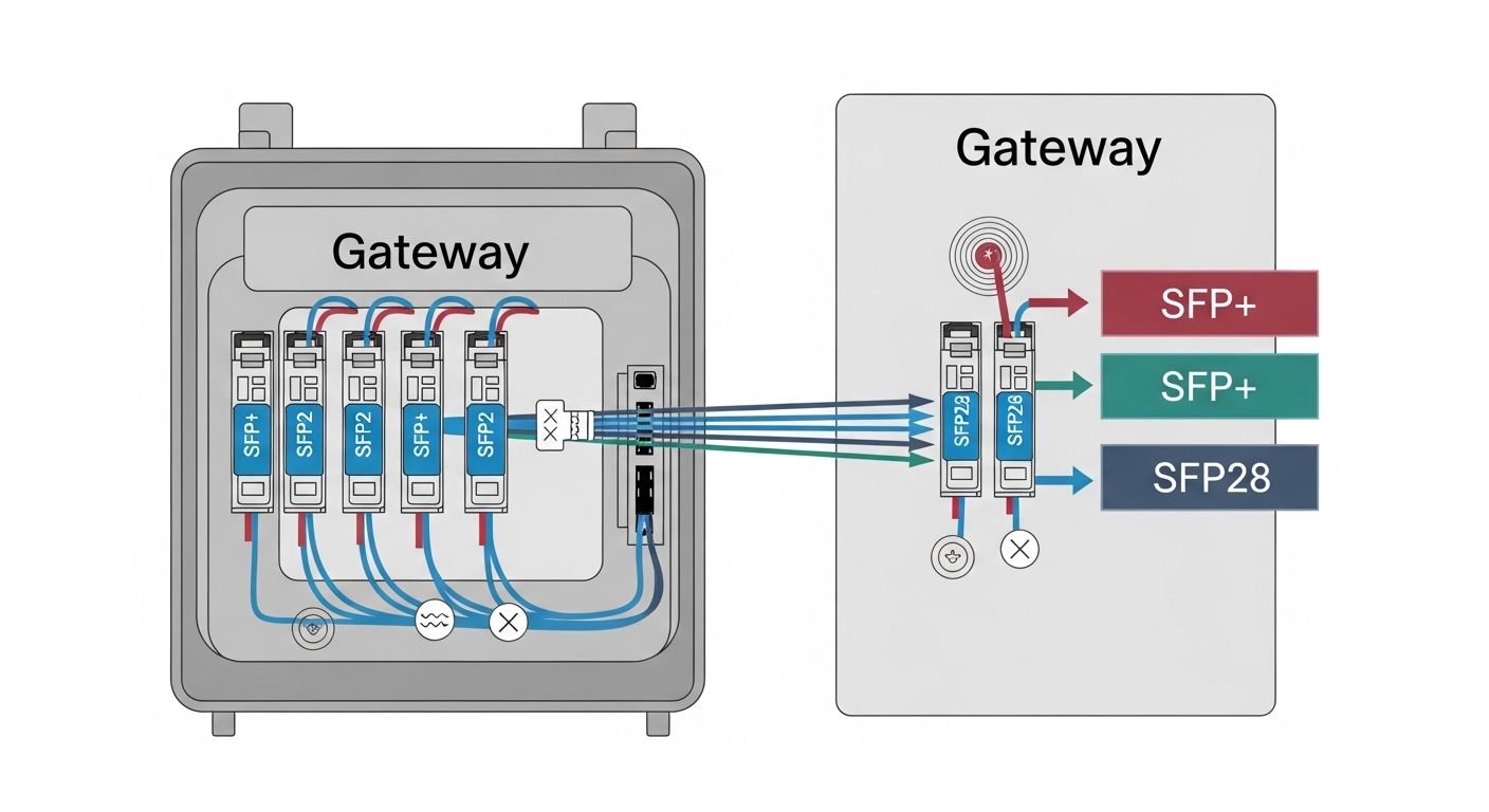 Concept illustration showing a rugged industrial gateway cabinet with fiber links branching to a switch, overlaid with a link