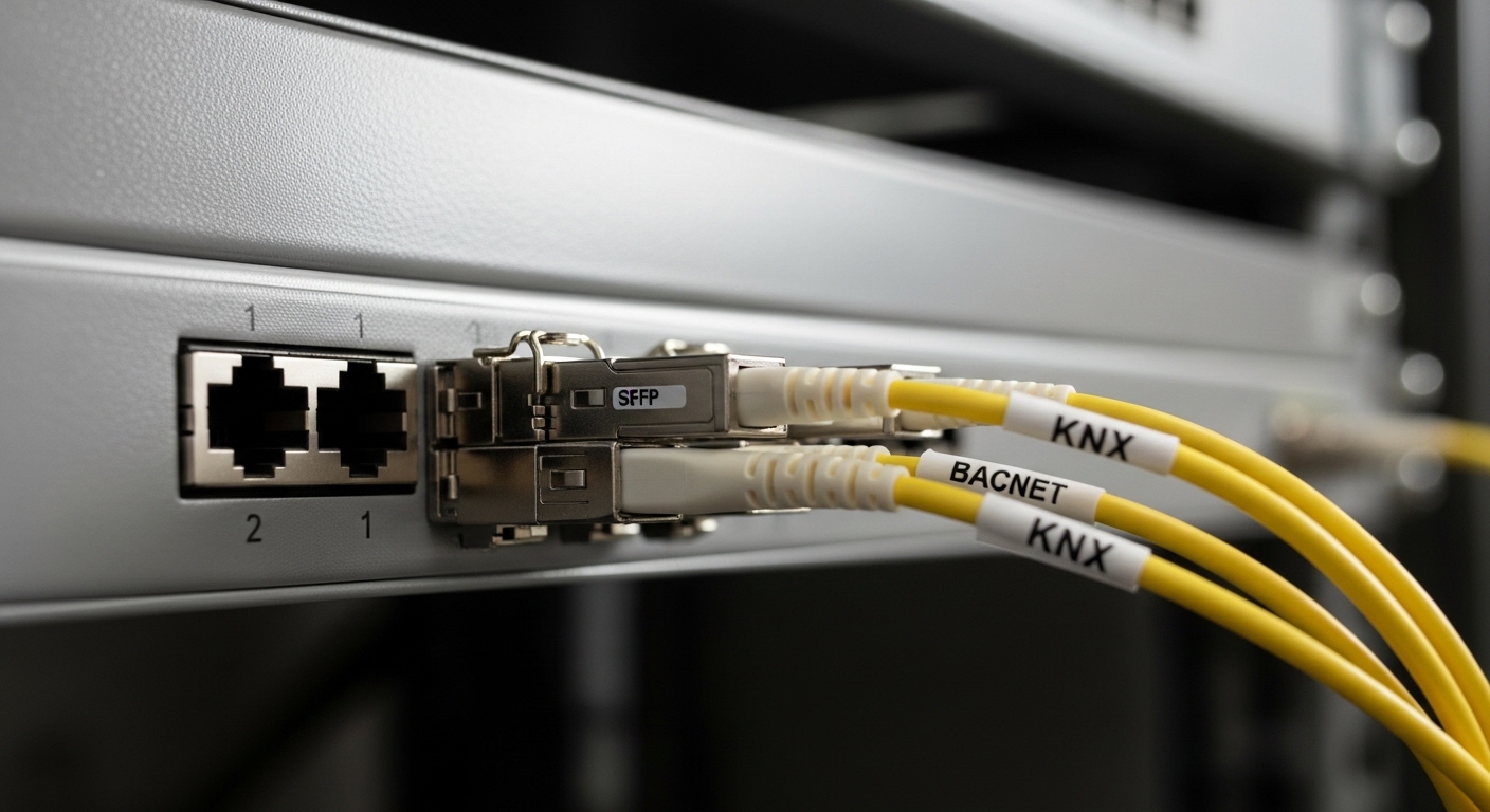 High-resolution close-up photography of a rack-mounted access switch with two installed SFP modules, LC fiber cables labeled 