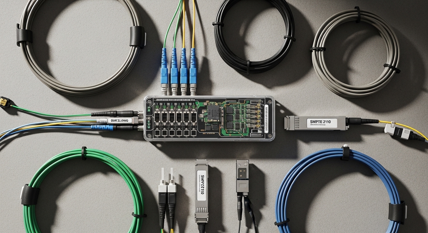 Overhead flat-lay composition of live event fiber module, SFP for Live Event Production Networks: SMPTE 2110 Fiber, styled la