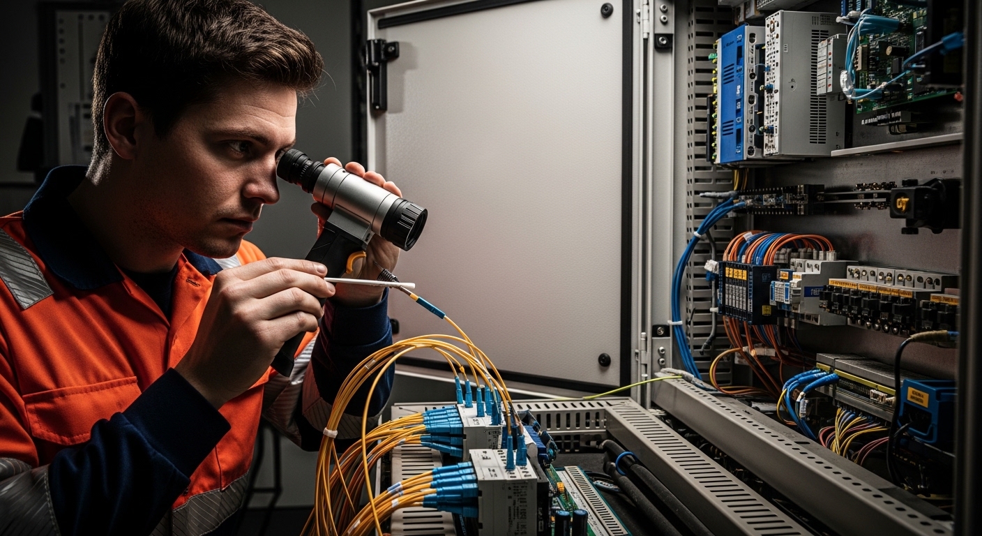 Ultra-realistic lifestyle scene of a field technician in high-visibility clothing cleaning LC fiber connectors with a lint-fr