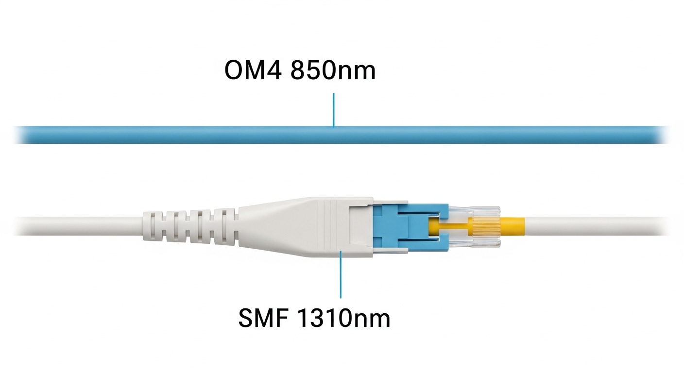 Clean vector illustration showing a simplified fiber link diagram between a building automation switch and an automation gate