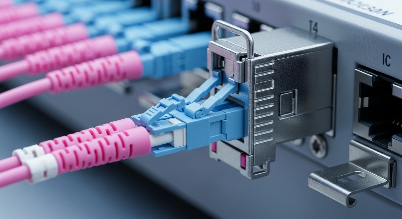 Close-up macro photography of an LC duplex fiber connector plugged into a rugged industrial SFP cage on a DIN-rail industrial