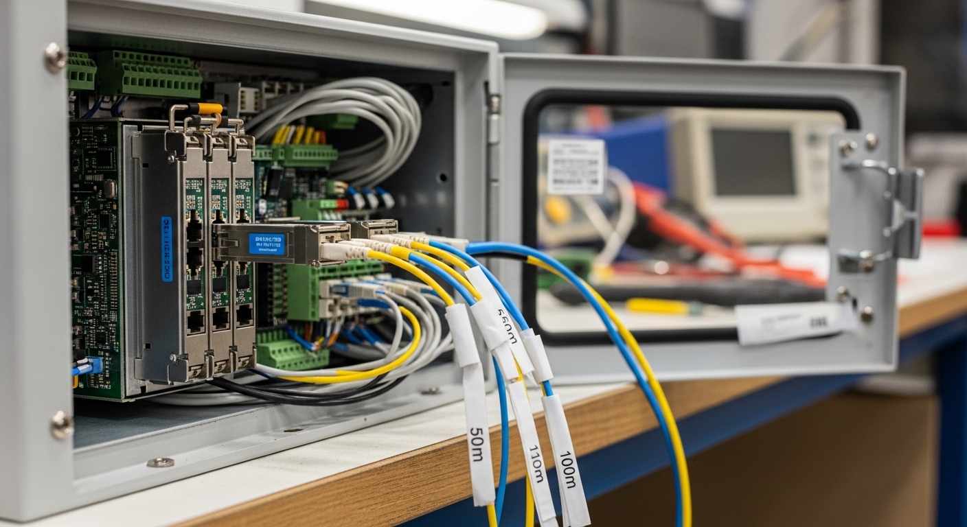 Close-up photography of an industrial SCADA RTU cabinet open on a workbench, showing an SFP cage with a fiber transceiver ins