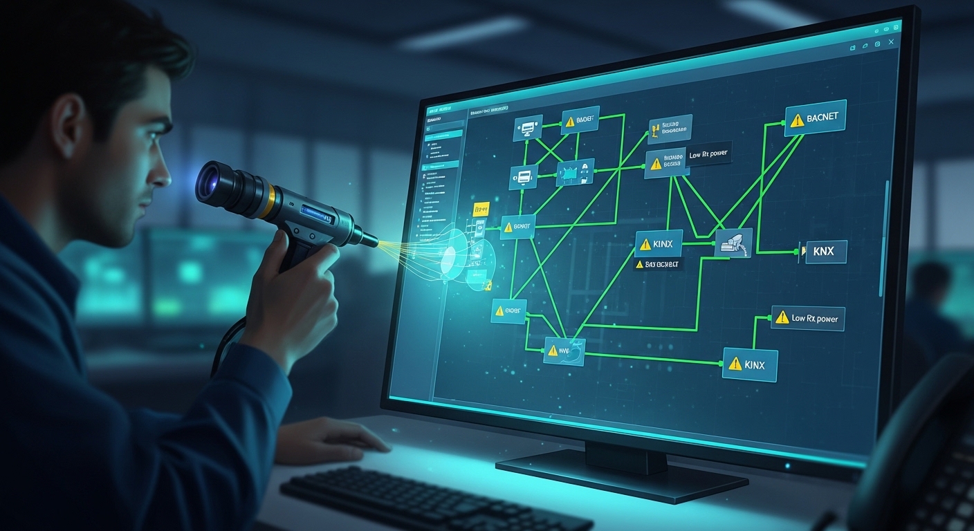 Concept art style scene of an operations control room monitor showing a network topology with BACnet and KNX links highlighte