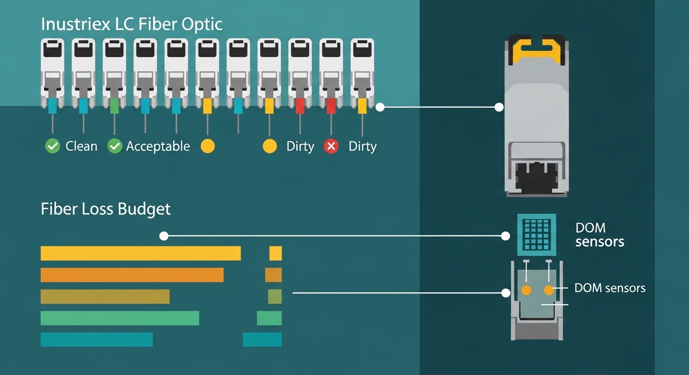 Vector illustration concept of an industrial fiber patch panel showing LC connectors labeled with cleanliness icons, fiber lo