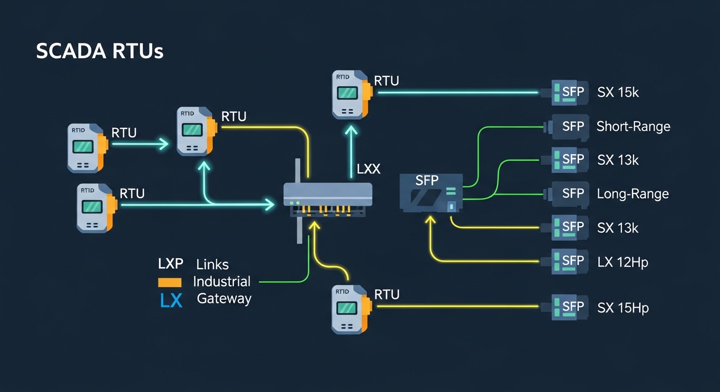 Illustrated concept art of a fiber network diagram for SCADA RTUs, showing RTU nodes, an industrial gateway, SFP modules, and