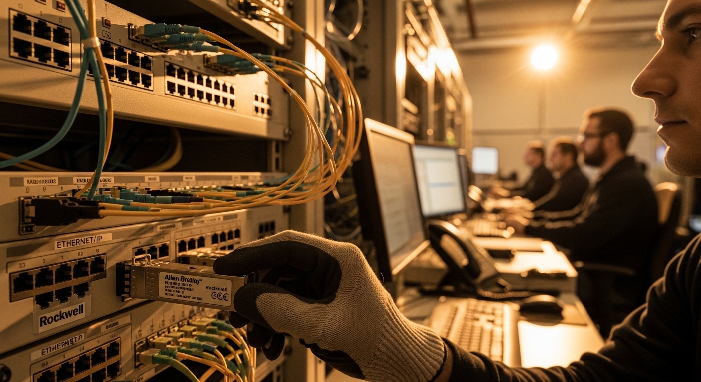 Lifestyle scene featuring industrial ethernet fiber, EtherNet/IP Fiber SFP for Allen-Bradley and Rockwell, warm ambient light