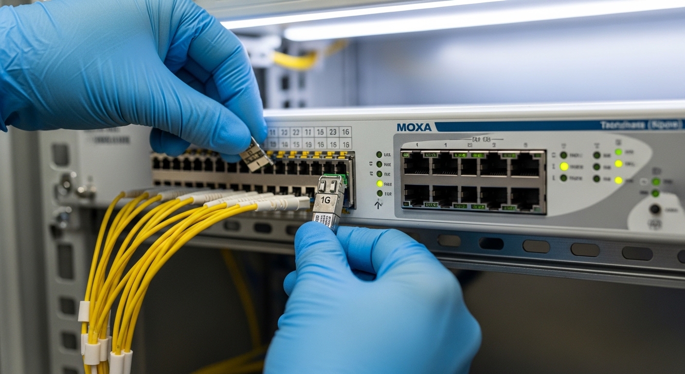 Close-up photography of an industrial cabinet fiber patch panel with a Moxa-branded Ethernet switch mounted on a DIN rail; a 