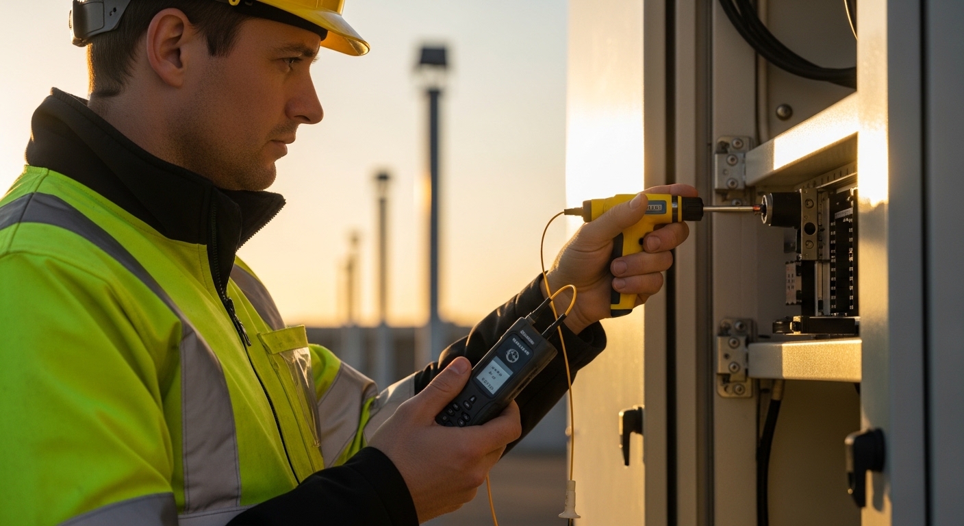 Lifestyle photography of a field engineer in hi-vis gear holding a small fiber optic transceiver and using a fiber inspection
