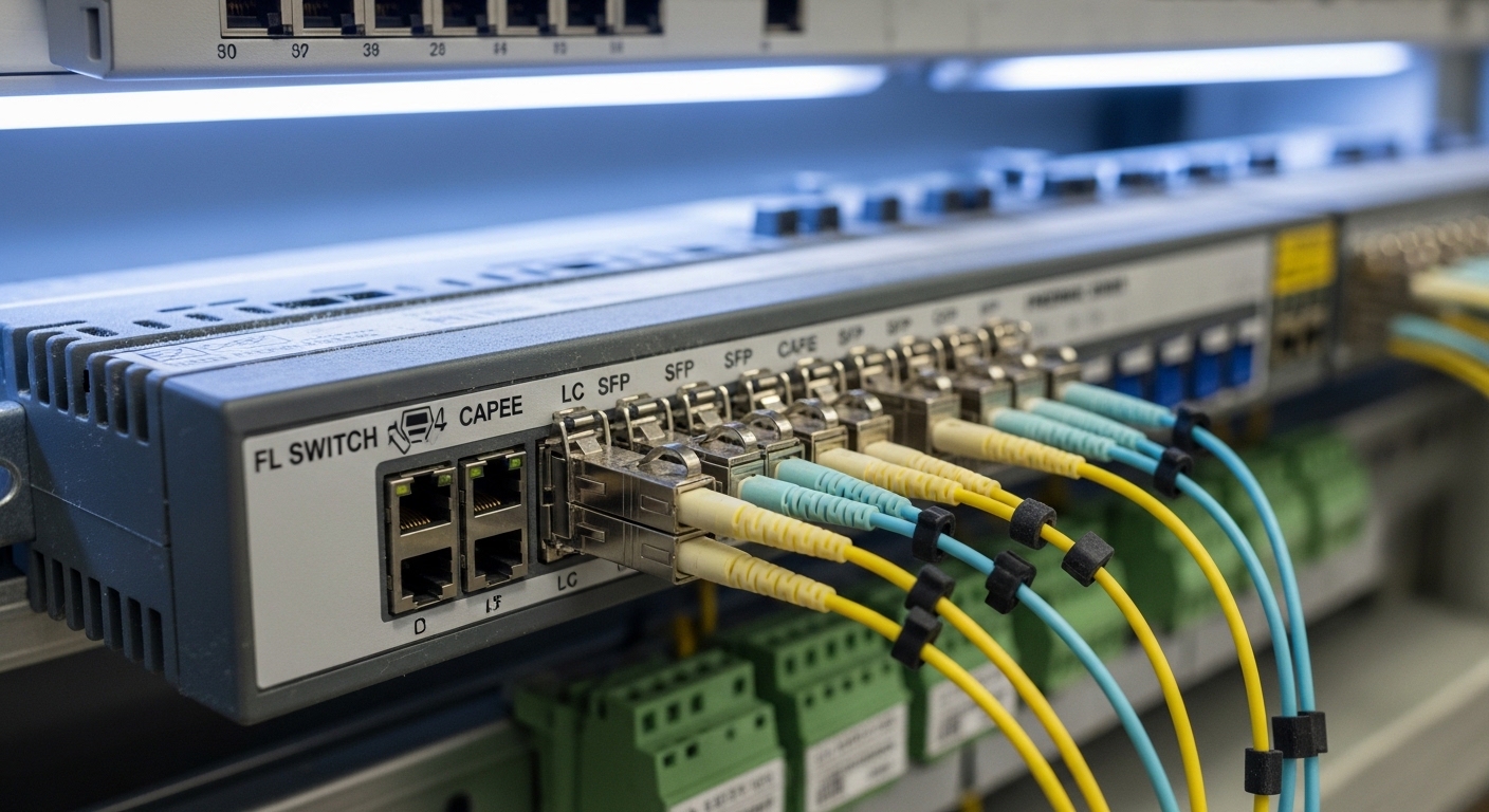 Photorealistic close-up of an industrial DIN-rail fiber switch cabinet, showing a Phoenix Contact-style FL SWITCH unit with m