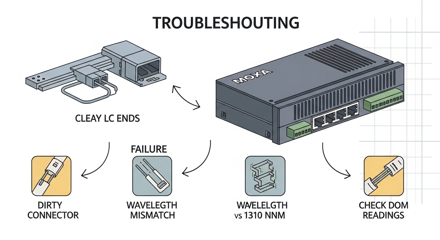 Illustrated troubleshooting diagram in concept-art style showing a Moxa industrial switch with three labeled failure icons (d
