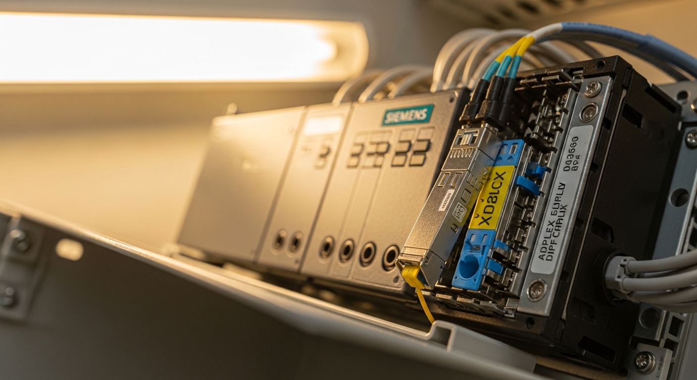 Photorealistic close-up of an open industrial control cabinet door, showing a Siemens-style controller chassis with an SFP ca