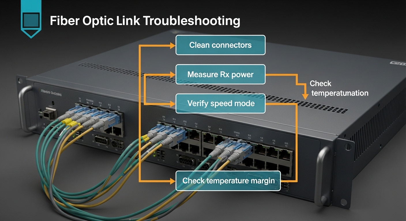 Stylized illustration of a fiber link troubleshooting flowchart overlaid on an industrial switch photo, with arrows labeled “