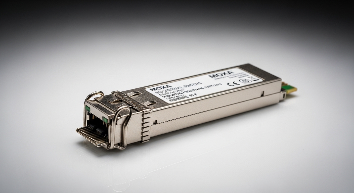 Professional product photography of industrial switch SFP, SFP for Moxa Industrial Ethernet Switches, clean background, studi
