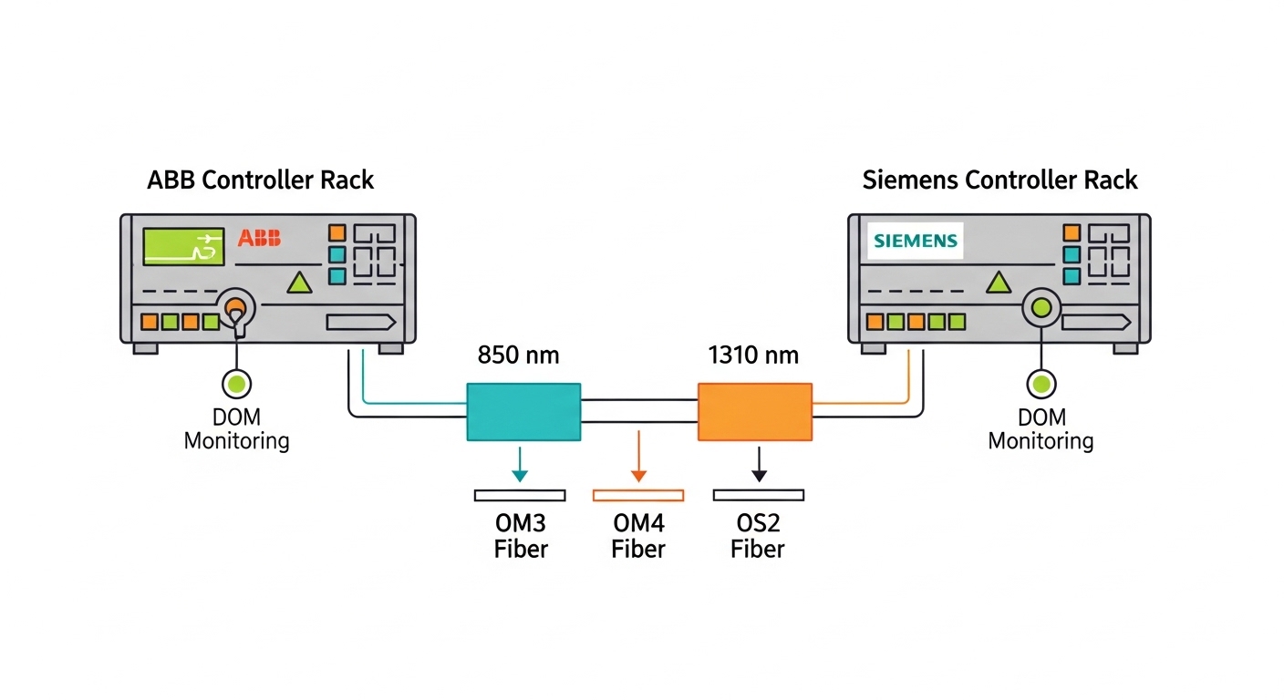 Illustrated infographic in a clean flat-vector style showing an ABB controller rack, a Siemens controller rack, and a fiber l
