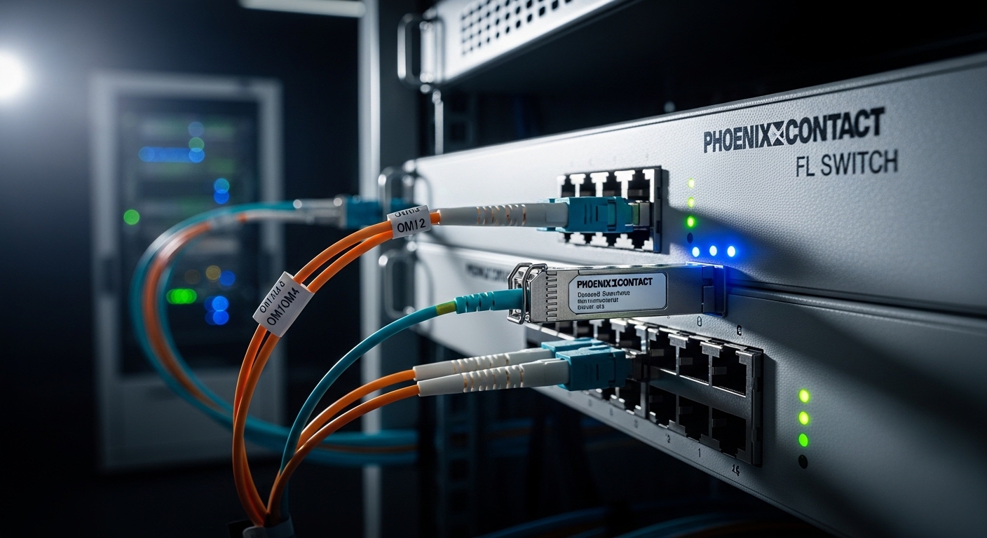 Cinematic editorial photograph of Phoenix Contact fiber, SFP for Phoenix Contact FL SWITCH: Industrial Compatibility, dramati