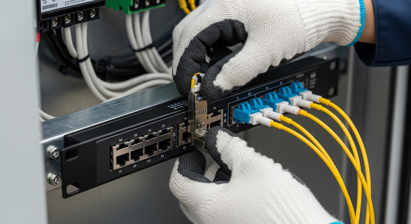 Close-up product photography of a field engineer installing a fiber optic transceiver into a compact rugged Ethernet media co