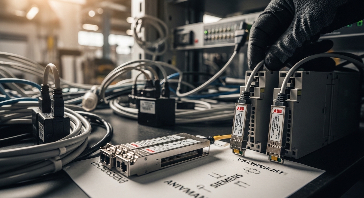 Documentary-style photo of ABB SFP fiber, SFP for ABB and Siemens Automation Controllers, natural lighting, authentic atmosph