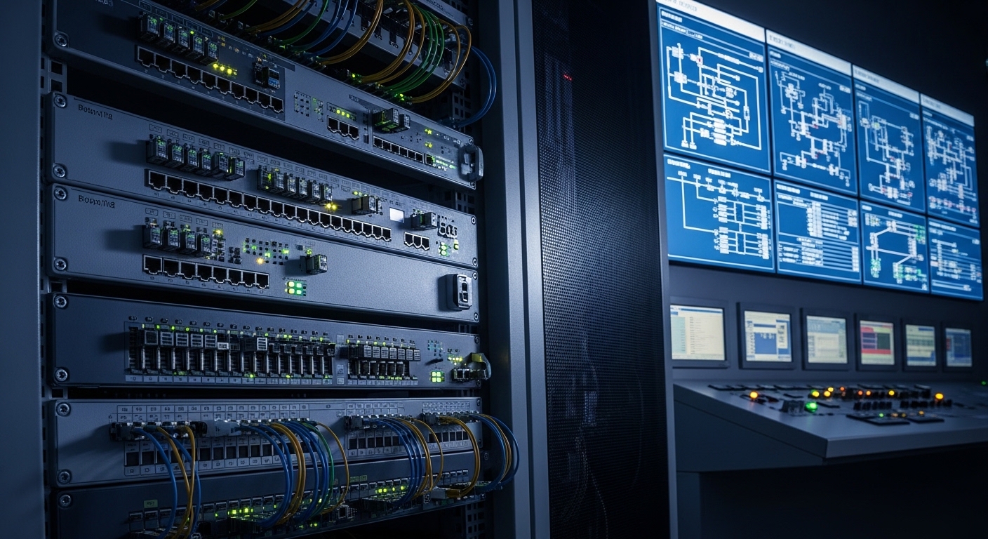 Photorealistic interior of a hydroelectric plant control room, showing two network racks with SFP transceivers installed in m