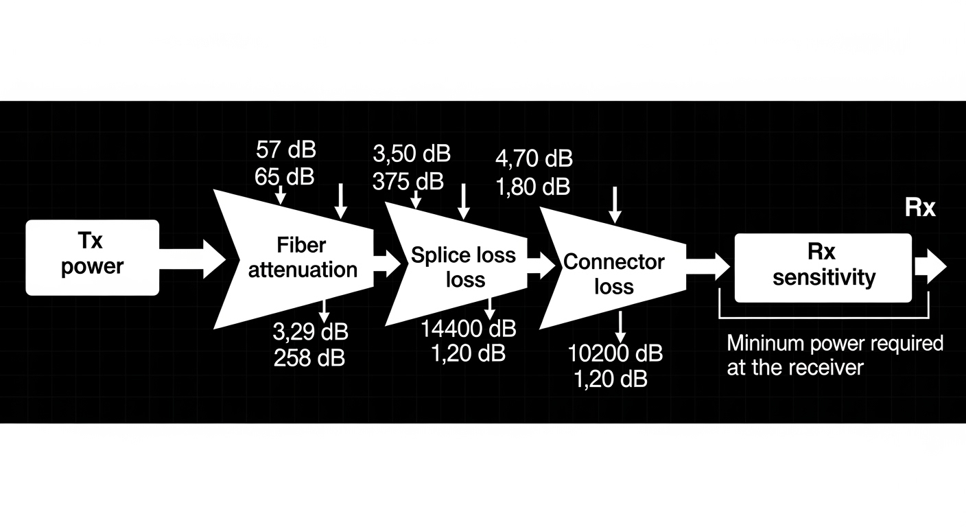 Clean engineering illustration showing an optical power budget diagram with Tx power, fiber attenuation, splice loss, connect